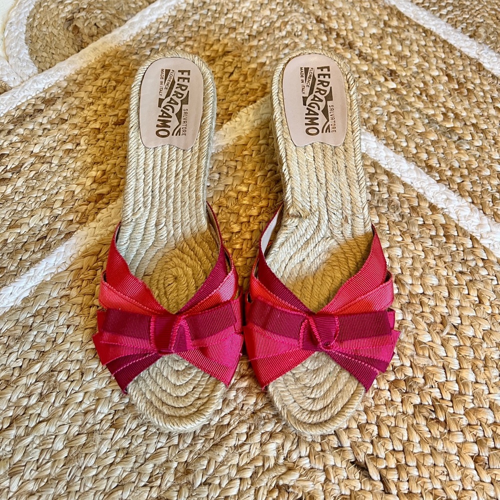 Ferragamo espadrille wedges pink ribbon bow size 8